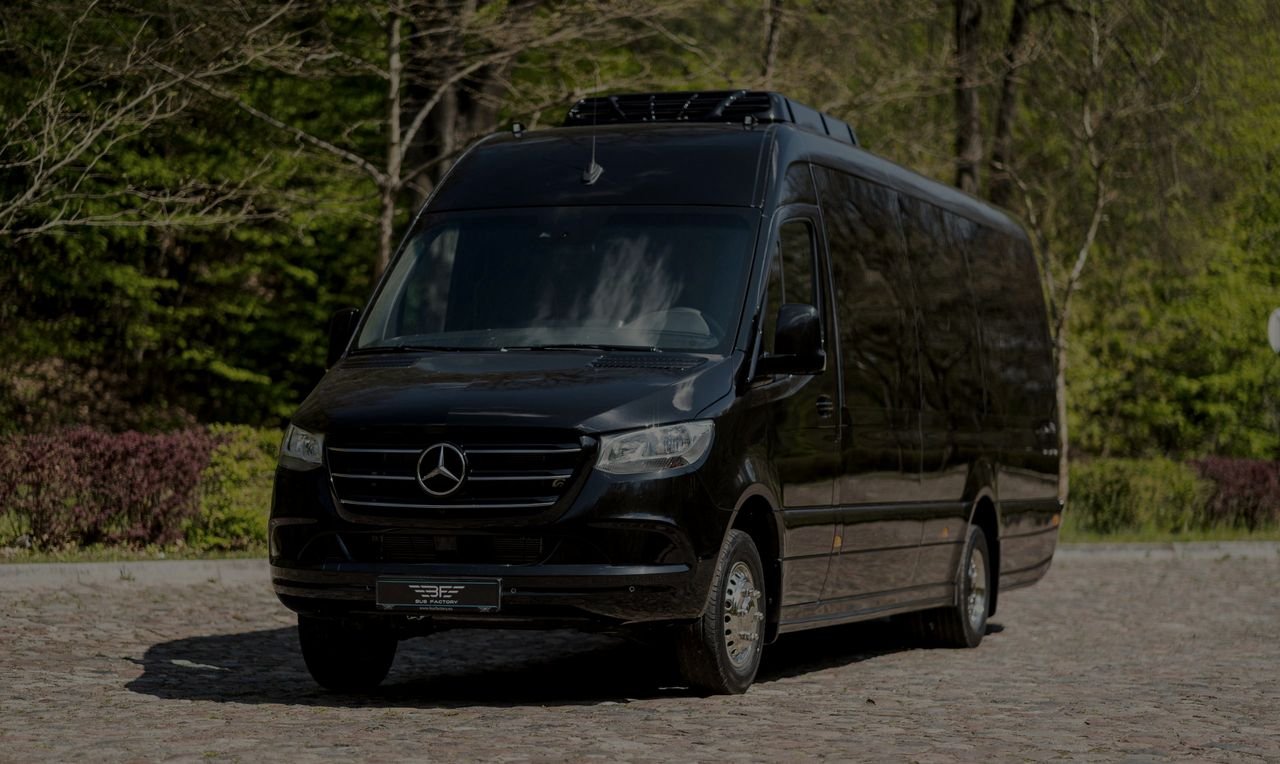 Black Sprinter minibus parked on a cobbled forecourt in front of trees